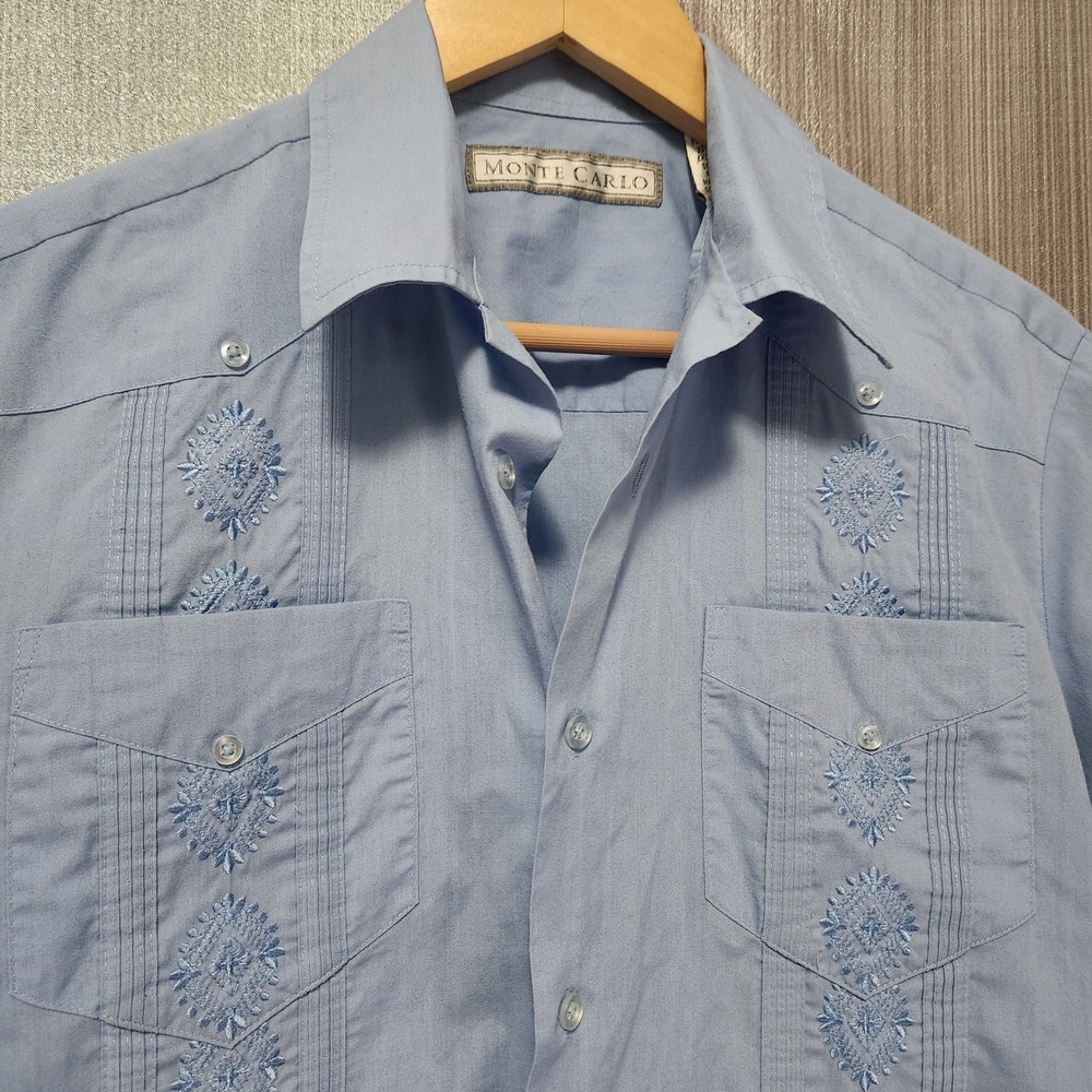 Monte Carlo Mens Guayabera Shirt Light Blue Embroidered Short Sleeve S Cabana